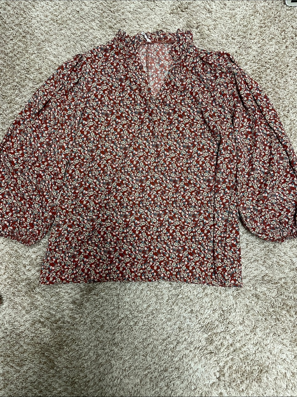 Women's Rust Floral Ruffle-Neck Blouse